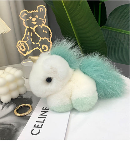 Cute Real Rabbit Fur Unicorn Charm Keychain & Bag Decor