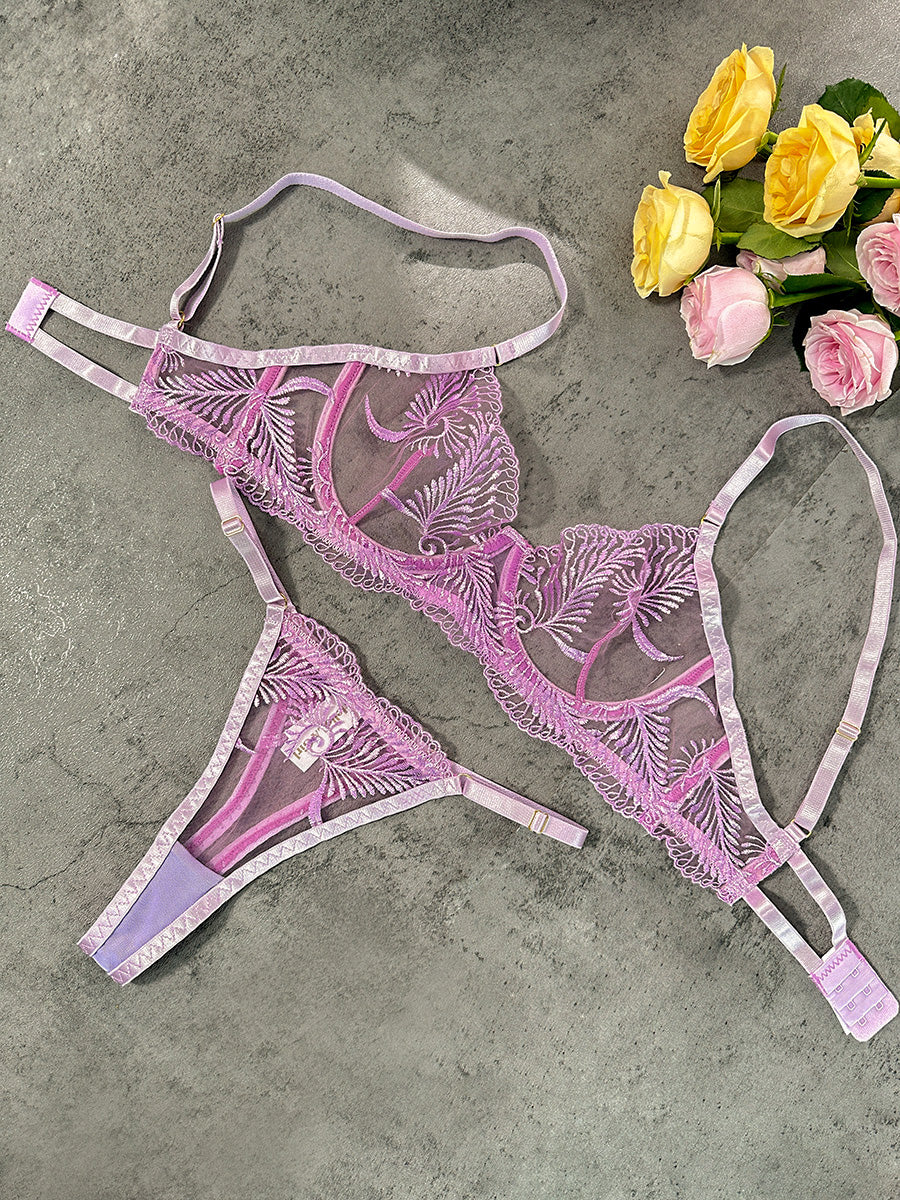 Free Shipping For  Puple Elegant Essence Embroidery Lingerie Set