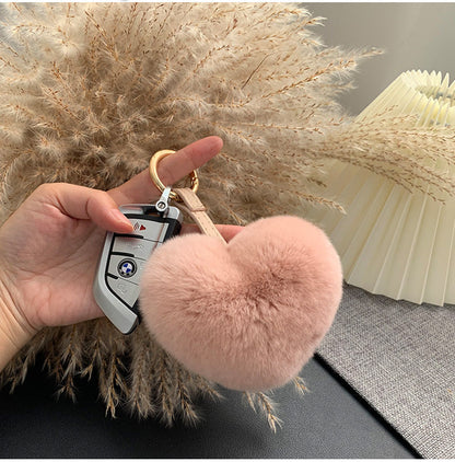 Cute Real Rabbit Fur Heart Keychain - Accessory