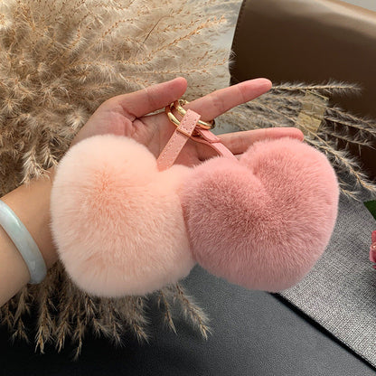 Cute Real Rabbit Fur Heart Keychain - Accessory