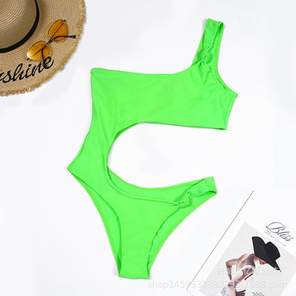 Bikini One-Shoulder Tie-Up Cutout Sexy Solid Color Swimwear