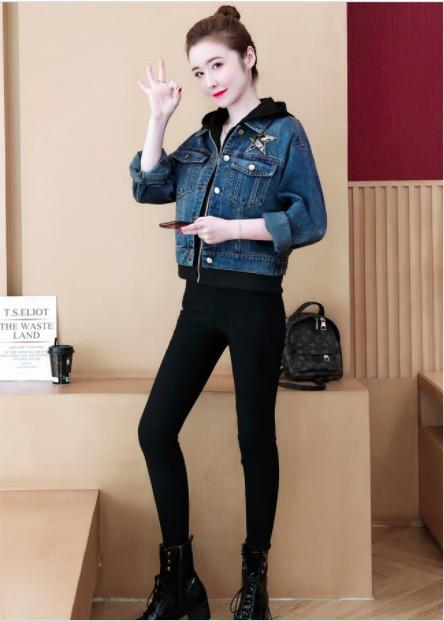 Fashion Hooded Loose Denim Coat Fake Two-Piece Set