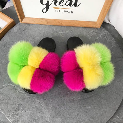 Color Matching Large Fur Real Natural Fox Fur Slides Colorful Fluffy Fur Slides Sandals Slippers Fashion Women Shoes