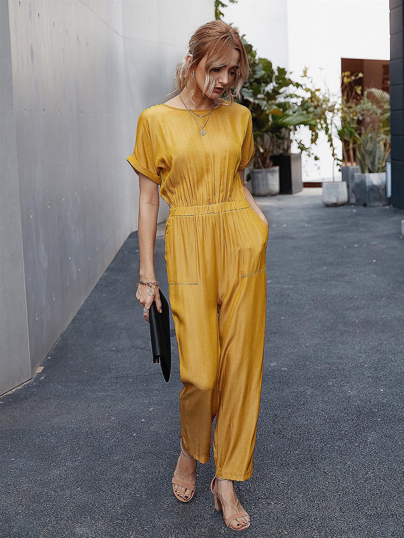 Back Detail Short Sleeve Jumpsuit In Yellow