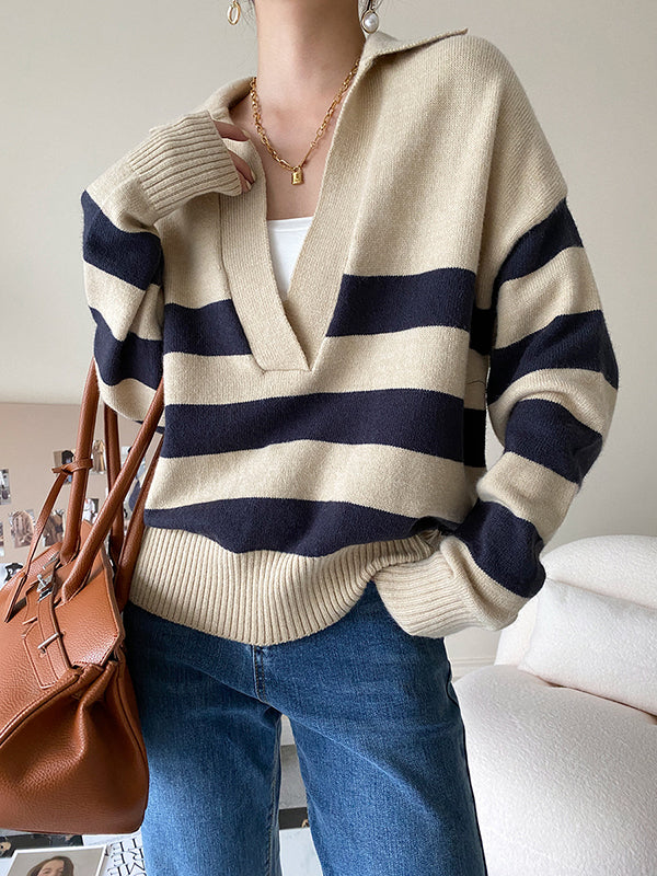 Original Creation Loose Long Sleeves Contrast Color Striped Deep V-Neck Sweater Tops