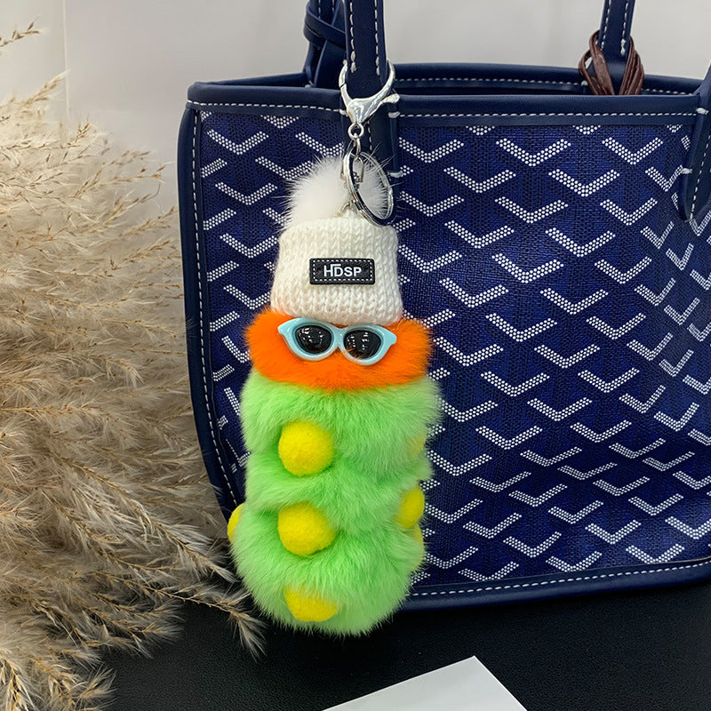 Cute Real Rabbit Fur Caterpillar Keychain - Keyring Decor