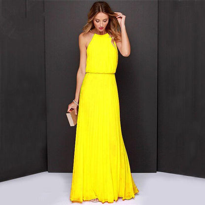 Formal Bear Shoulder Pleated Long Chiffon Maxi Party Prom Dress