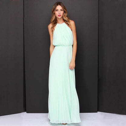 Formal Bear Shoulder Pleated Long Chiffon Maxi Party Prom Dress