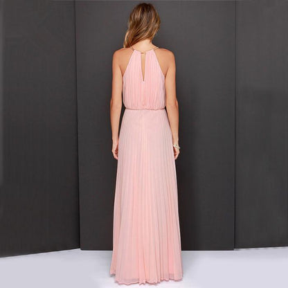 Formal Bear Shoulder Pleated Long Chiffon Maxi Party Prom Dress