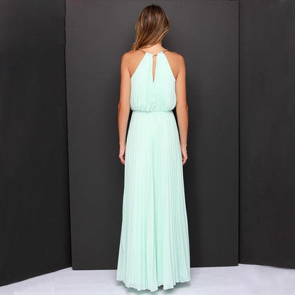 Formal Bear Shoulder Pleated Long Chiffon Maxi Party Prom Dress