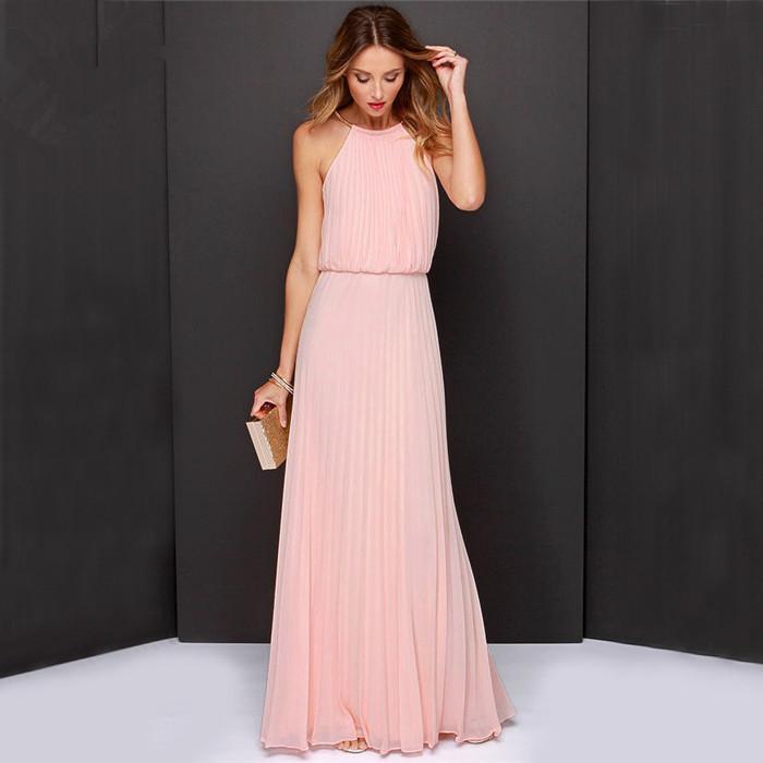 Formal Bear Shoulder Pleated Long Chiffon Maxi Party Prom Dress