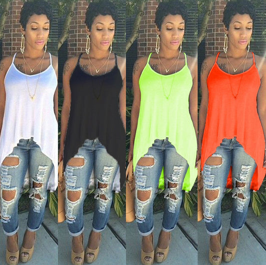 Scoop Spaghetti Strap Irregular Pure Color Blouse