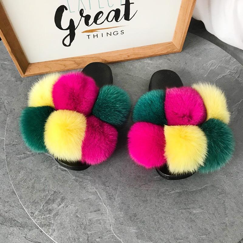 Color Matching Large Fur Real Natural Fox Fur Slides Colorful Fluffy Fur Slides Sandals Slippers Fashion Women Shoes