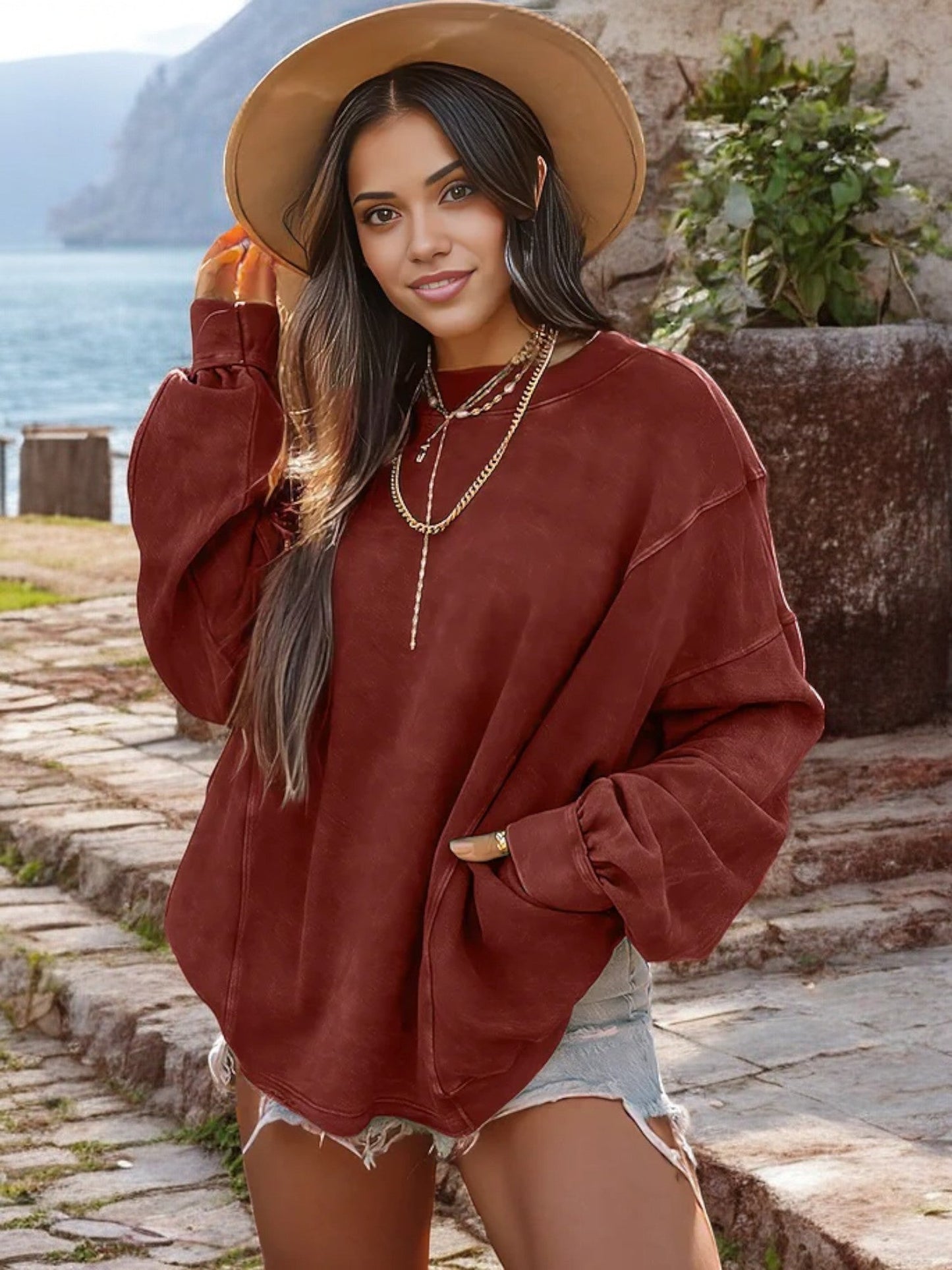 Women's Oversized V-Neck Twisted Front Sweatshirt with Long Sleeves