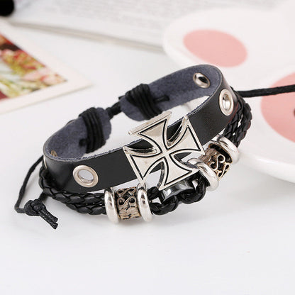 Alloy Beaded Cross Leather Bracelet