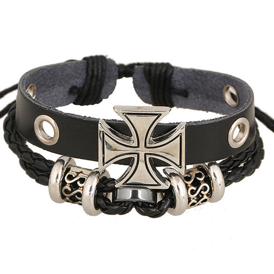 Alloy Beaded Cross Leather Bracelet-Homeunderwear