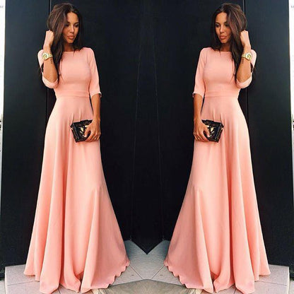 Slim Pure Color 3/4 Sleeves Pleated Long Maxi Dress