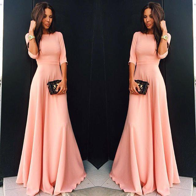Clearance Slim Pure Color 3/4 Sleeves Pleated Long Maxi Dress