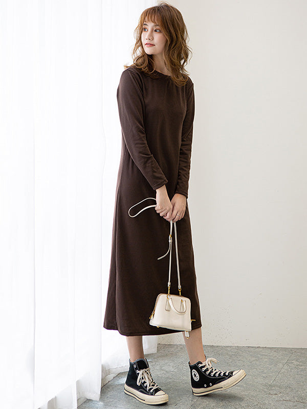 Simple Solid Color Round-Neck A-Line Midi Dress