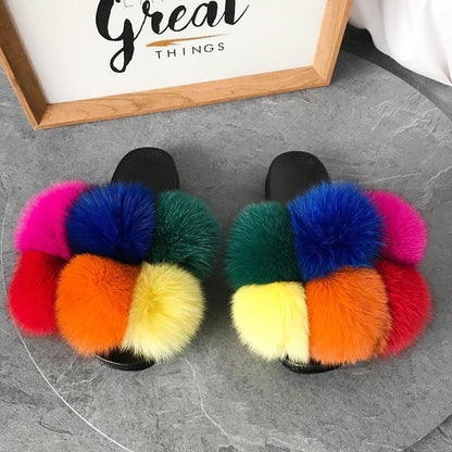 Color Matching Large Fur Real Natural Fox Fur Slides Colorful Fluffy Fur Slides Sandals Slippers Fashion Women Shoes