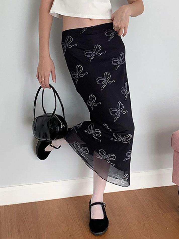 Vintage Bow Print Mesh Midi Skirt