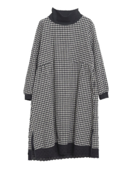 Casual Loose Long Sleeves Plaid High-Neck Padded Midi Dresses