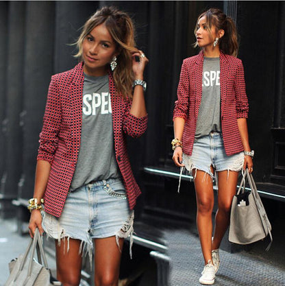 Clearance Red Plaid LapeL Long Sleeve Short Blazer Coat
