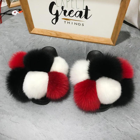 Color Matching Large Fur Real Natural Fox Fur Slides Colorful Fluffy Fur Slides Sandals Slippers Fashion Women Shoes