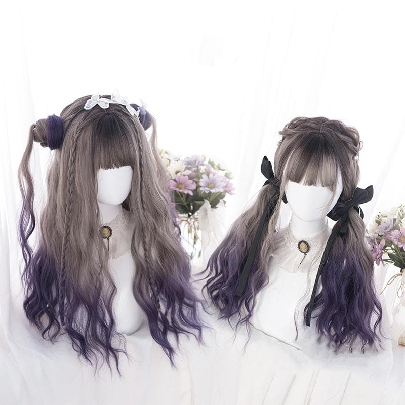 Free Shipping For Hivava Cute Lolita Gray Gradient Dark Purple Curly Wig