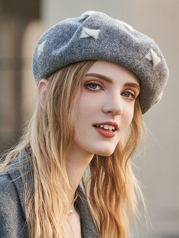 Urban Wool Bow-Embellished Beret Hat-Homeunderwear