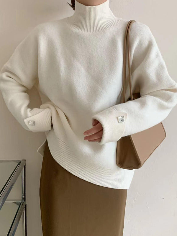 Casual Loose Long Sleeves Solid Color High-Neck Sweater Tops-Homeunderwear