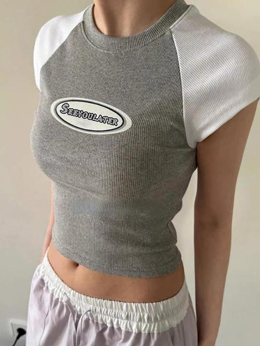 Short Raglan Sleeve Lettering Print Slim-Fit Crop Top