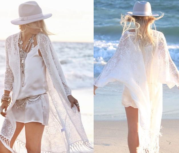 Clearance White Lace Tassels Long Cover Up Beach Cardigan Dress