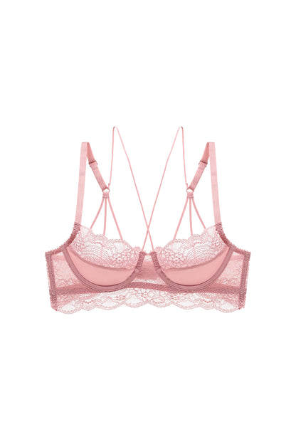 Pink Soft Lace Trim Cross Strap Bra Top