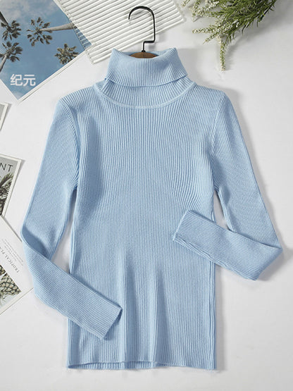 Simple Skinny Solid Color High-Neck Sweater Tops-Homeunderwear