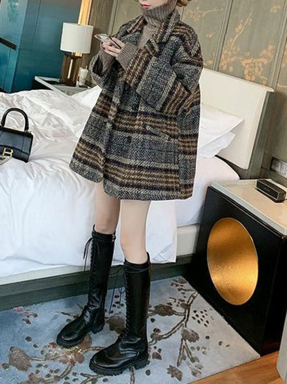 Original Long Sleeves Loose Keep Warm Plaid Notched Collar Blazer Outerwear