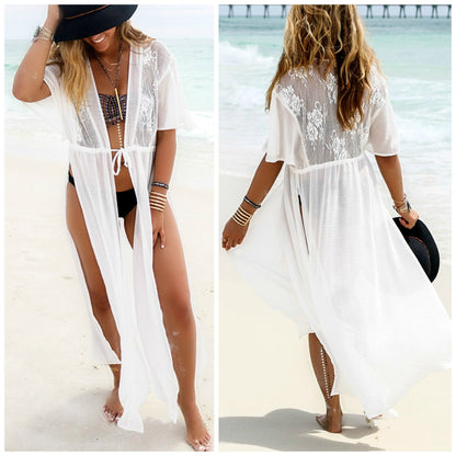 Free Shipping Clearence White Split Draw String Long Beach Cover Up Dress