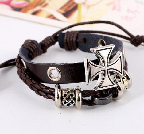 Alloy Beaded Cross Leather Bracelet-Homeunderwear