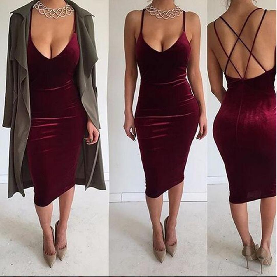 Deep V-neck Sleeveless Backless Sexy Club Bodycon Skinny Pleuche Dress