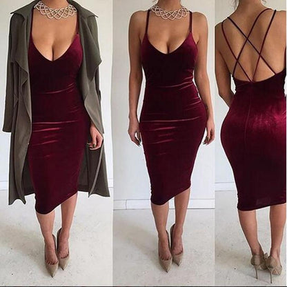 Deep V-neck Sleeveless Backless Sexy Club Bodycon Skinny Pleuche Dress