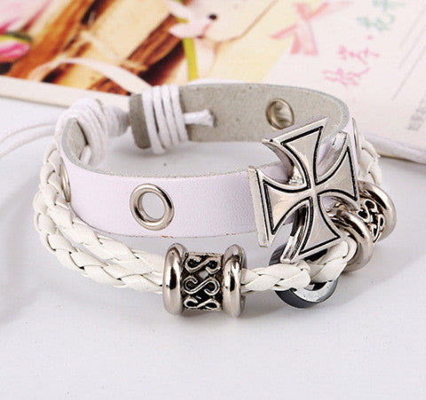 Alloy Beaded Cross Leather Bracelet-Homeunderwear