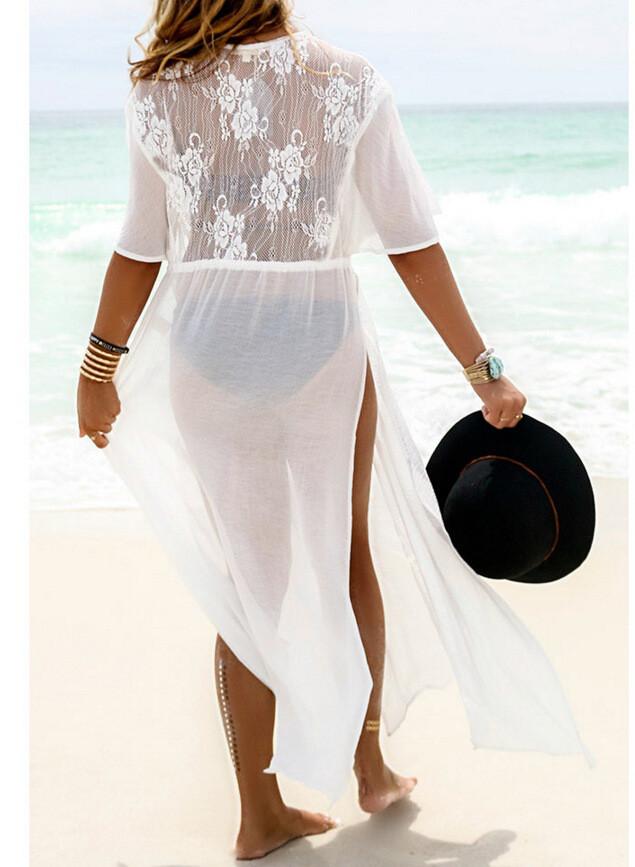 Clearance White Split Draw String Long Beach Cover Up Dress