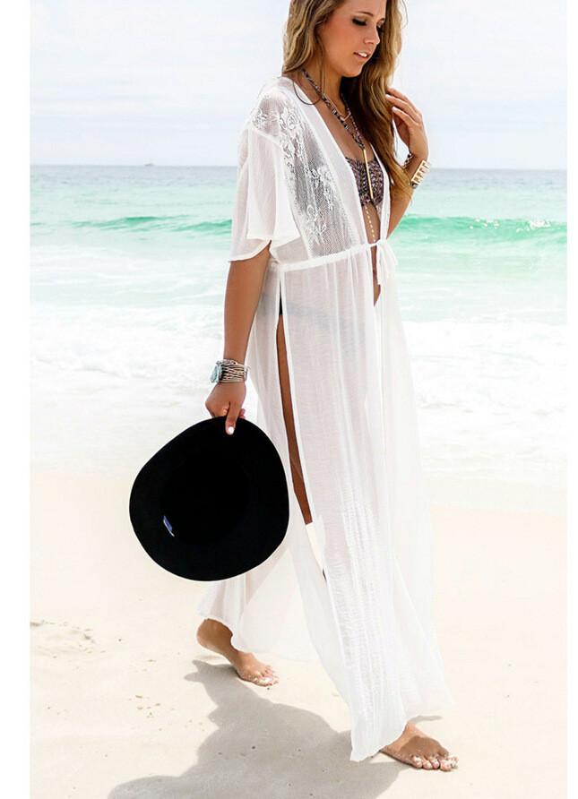 Free Shipping Clearence White Split Draw String Long Beach Cover Up Dress