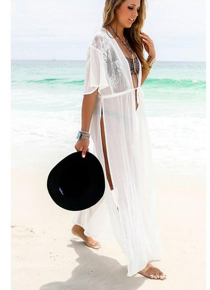 Free Shipping Clearence White Split Draw String Long Beach Cover Up Dress