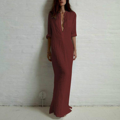 Clearance Long Sexy Soild Split Floor Length Shirt Dress