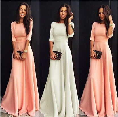 Slim Pure Color 3/4 Sleeves Pleated Long Maxi Dress
