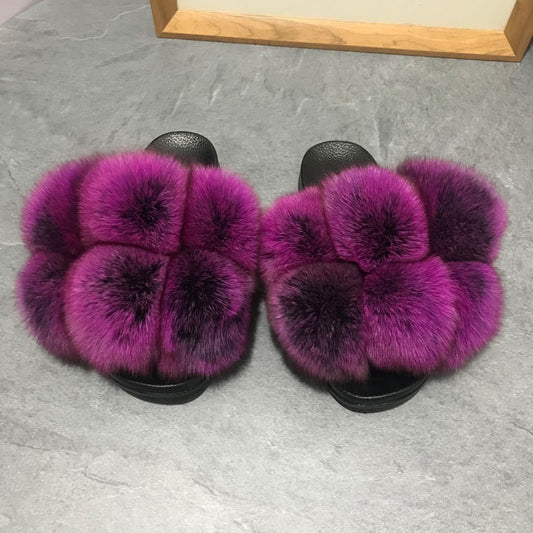 Color Matching Large Fur Real Natural Fox Fur Slides Colorful Fluffy Fur Slides Sandals Slippers Fashion Women Shoes