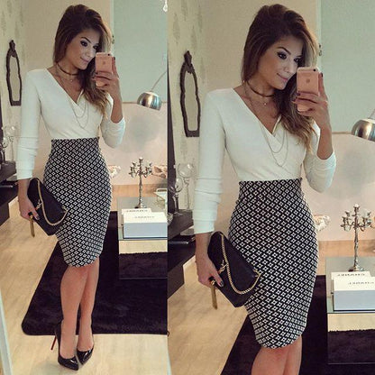 Clearance V-neck Long Sleeves Patchwork Bodycon Knee-length Dress