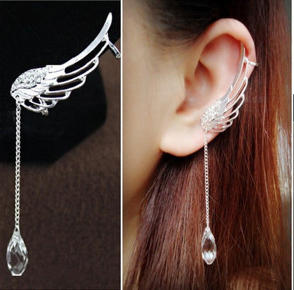 Fashion Long Crystal Wings Tassel Single Earrings-Homeunderwear