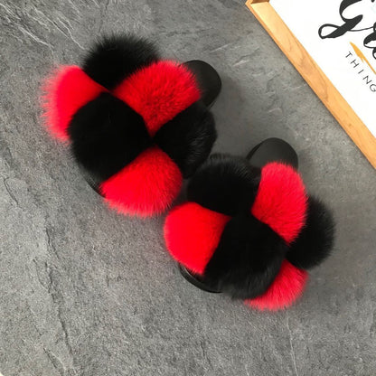 Color Matching Large Fur Real Natural Fox Fur Slides Colorful Fluffy Fur Slides Sandals Slippers Fashion Women Shoes